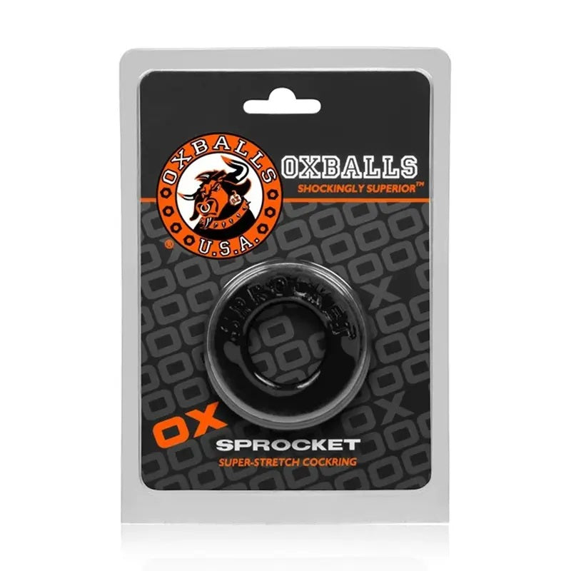 Product packaging for black Oxballs Sprocket Super-Stretch Cockring on a white background