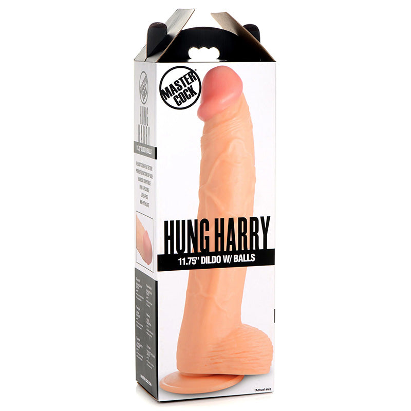 Product packaging of 'Hung Harry' 11.75 inch dildo with Balls by Master Cock on a white background.