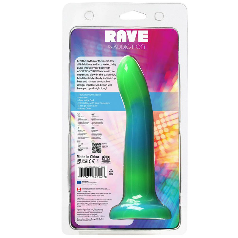 Rave by Addiction 8 Inch Glow In The Dark Bendable Dildo - Blue Green
