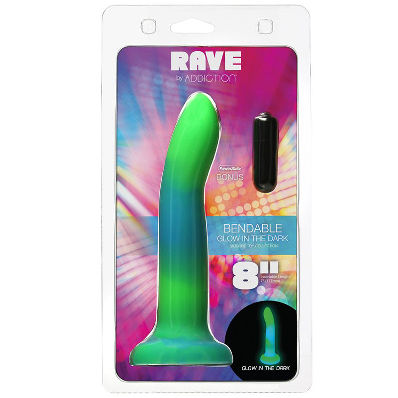 Rave by Addiction 8 Inch Glow In The Dark Bendable Dildo - Blue Green
